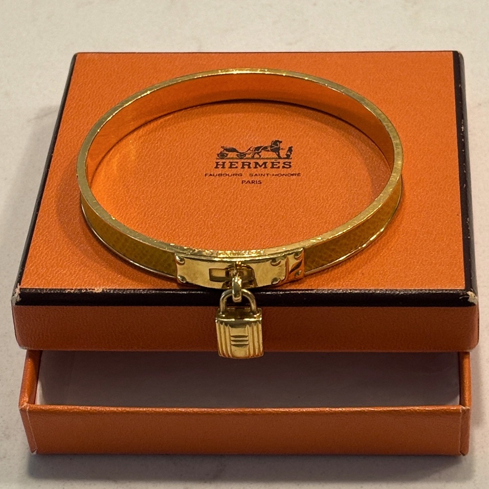 HERMES Kelly Cadena Bangle with H charm Mustard Color